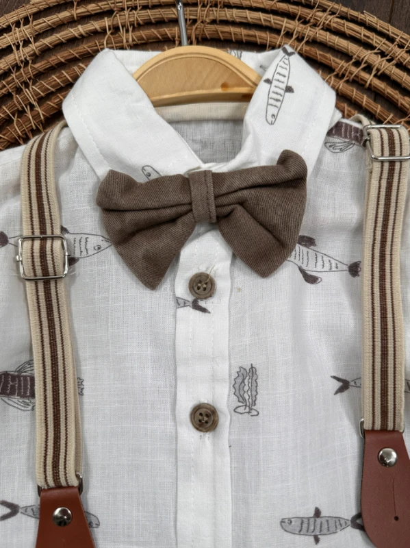 Askı Kemerli Papyonlu Balık Baskılı Keten Yazlık 4lü Erkek Bebek Takım - KAHVE