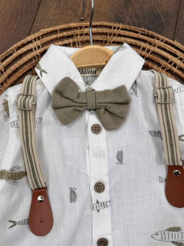 Askı Kemerli Papyonlu Balık Baskılı Keten Yazlık 4lü Erkek Bebek Takım - KAHVE