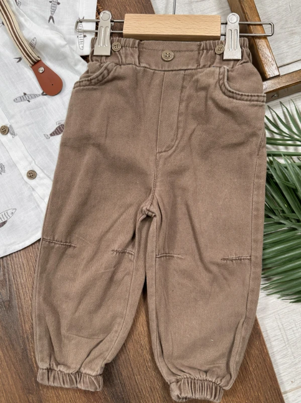 Askı Kemerli Papyonlu Balık Baskılı Keten Yazlık 4lü Erkek Bebek Takım - KAHVE