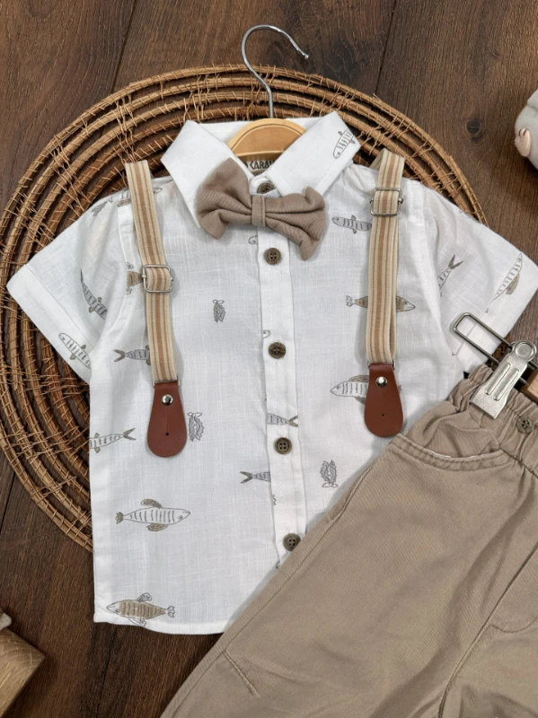 Askı Kemerli Papyonlu Balık Baskılı Keten Yazlık 4lü Erkek Bebek Takım - KAHVE