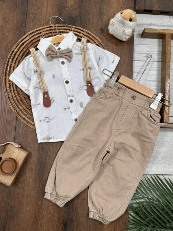Askı Kemerli Papyonlu Balık Baskılı Keten Yazlık 4lü Erkek Bebek Takım - KAHVE