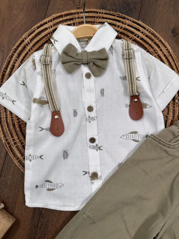 Askı Kemerli Papyonlu Balık Baskılı Keten Yazlık 4lü Erkek Bebek Takım - KAHVE