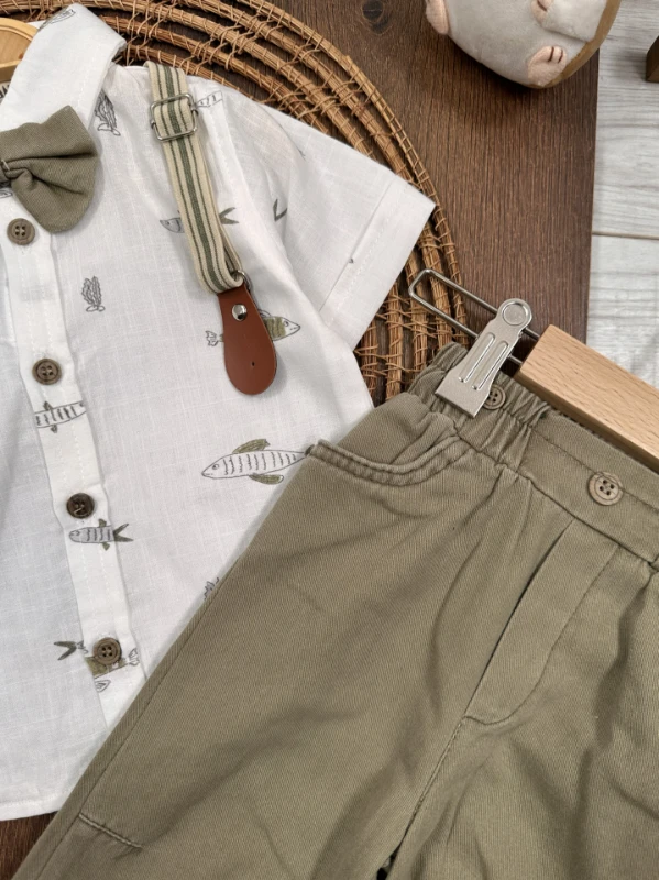 Askı Kemerli Papyonlu Balık Baskılı Keten Yazlık 4lü Erkek Bebek Takım - KAHVE