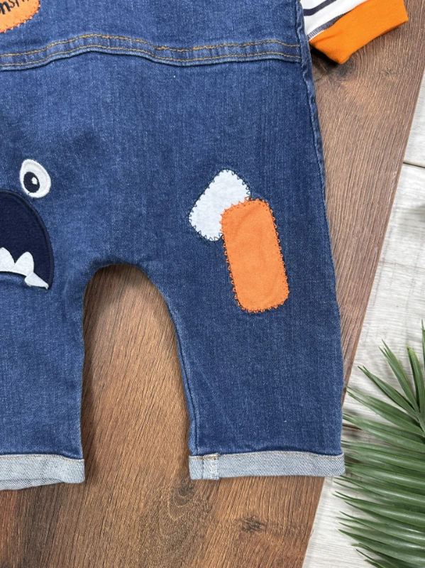 Monstır Likralı Kot Salopet Çizgili Badi Erkek Bebek Salopet Takım - LACİVERT