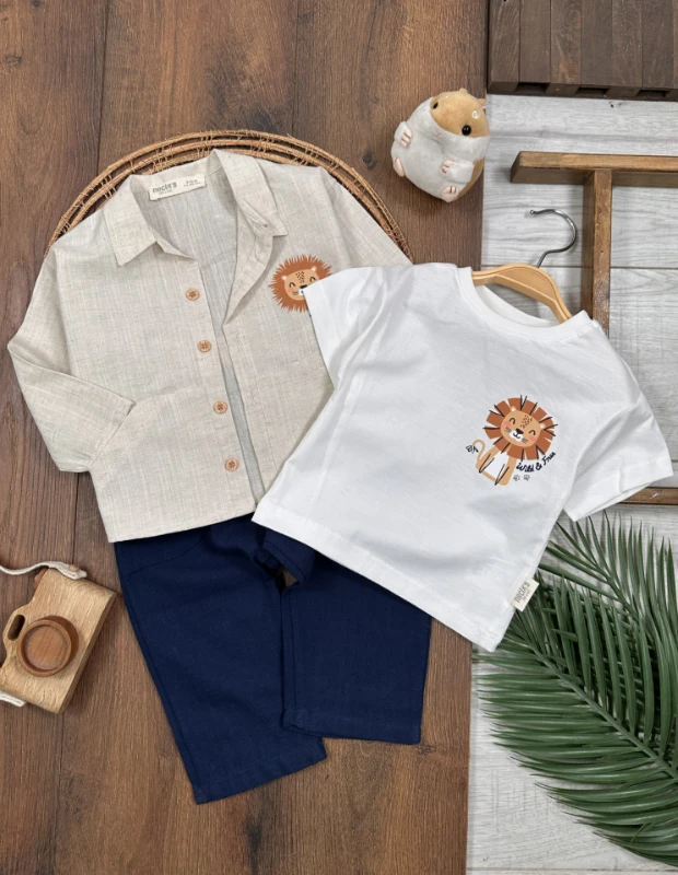 Keten Aslan Baskılı Önden Düğmeli 3lü Erkek Bebek Takım - BEJ