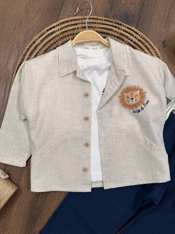 Keten Aslan Baskılı Önden Düğmeli 3lü Erkek Bebek Takım - BEJ