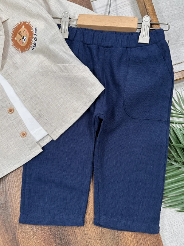 Keten Aslan Baskılı Önden Düğmeli 3lü Erkek Bebek Takım - BEJ