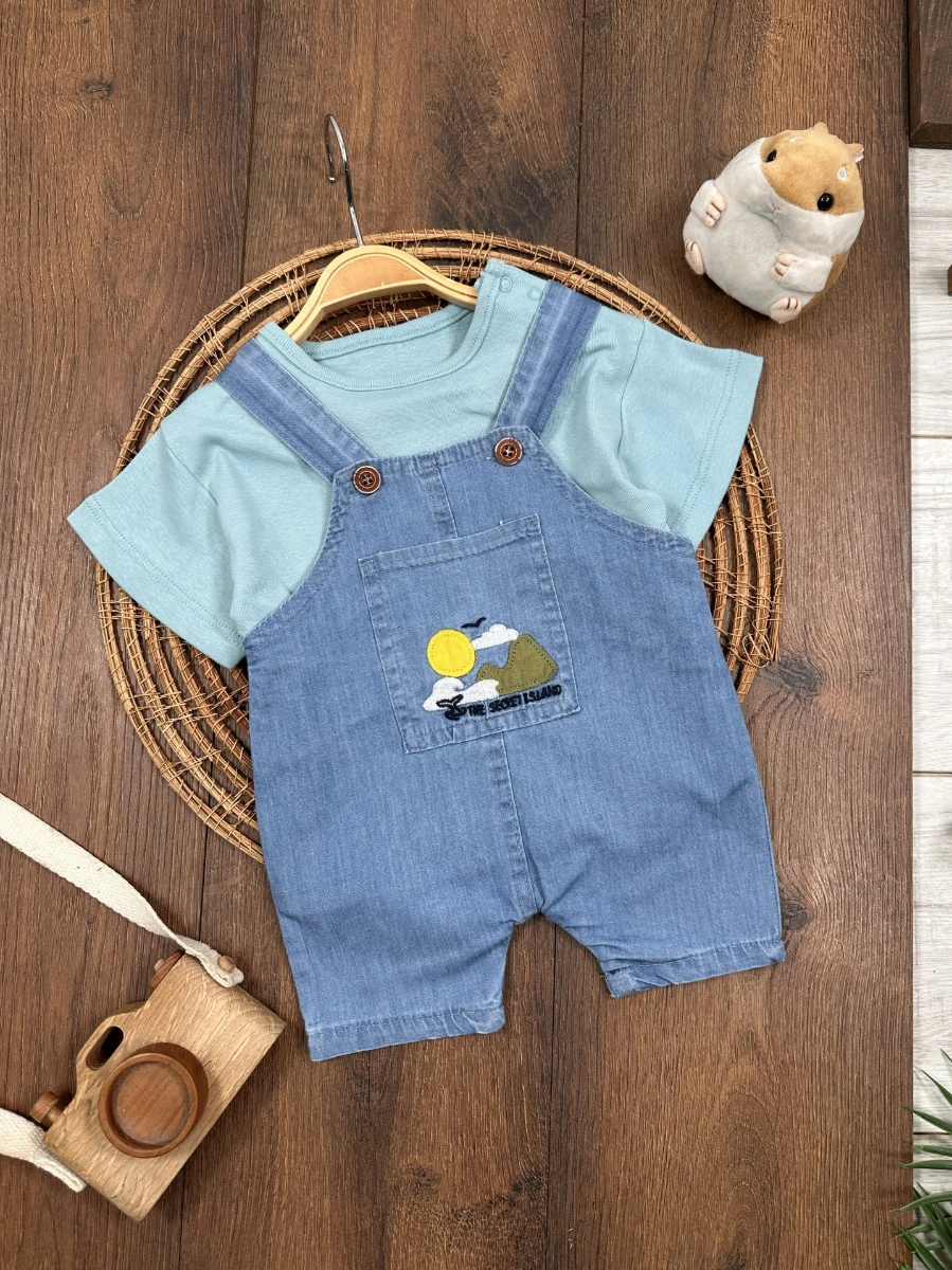 Island Nakışlı Yazlık Kot Salopet Erkek Bebek Takım - MAVİ