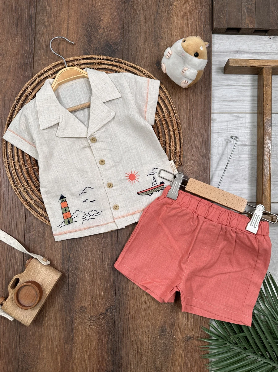Keten Nakışlı Önden Düğmeli Yazlık Erkek Bebek Takım - KİREMİT