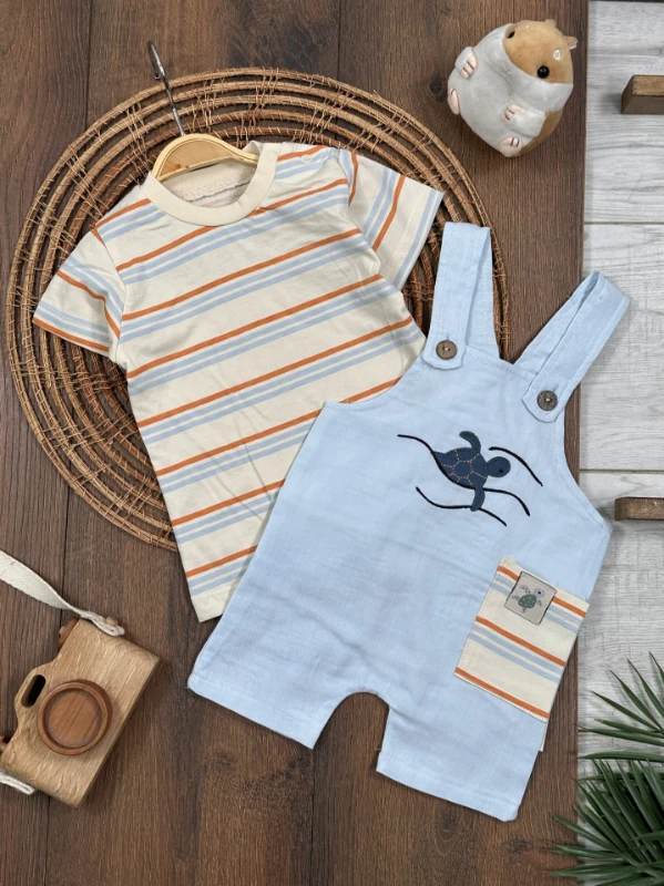 Müslin Salopet Kaplumbağa Nakışlı Omuzdan Çıtçıtlı Badi Yazlık Erkek Bebek Takım - MAVİ
