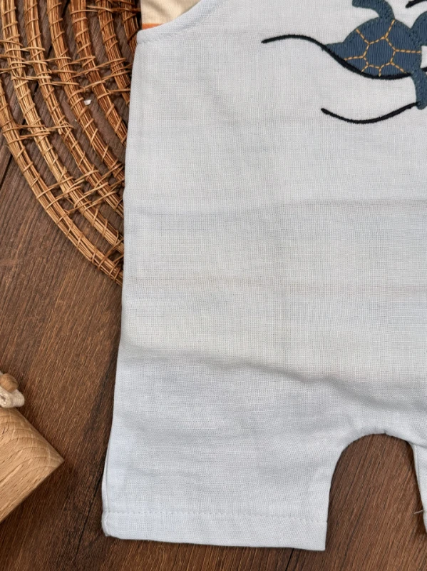 Müslin Salopet Kaplumbağa Nakışlı Omuzdan Çıtçıtlı Badi Yazlık Erkek Bebek Takım - MAVİ