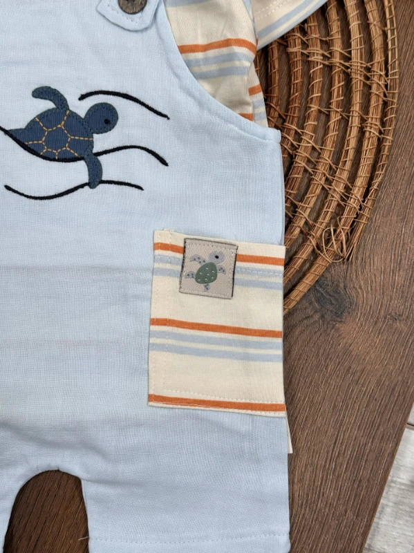 Müslin Salopet Kaplumbağa Nakışlı Omuzdan Çıtçıtlı Badi Yazlık Erkek Bebek Takım - MAVİ