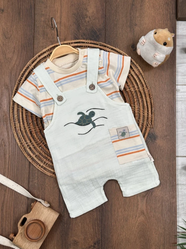 Müslin Salopet Kaplumbağa Nakışlı Omuzdan Çıtçıtlı Badi Yazlık Erkek Bebek Takım - YEŞİL