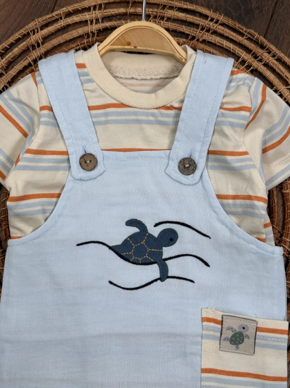 Müslin Salopet Kaplumbağa Nakışlı Omuzdan Çıtçıtlı Badi Yazlık Erkek Bebek Takım - MAVİ