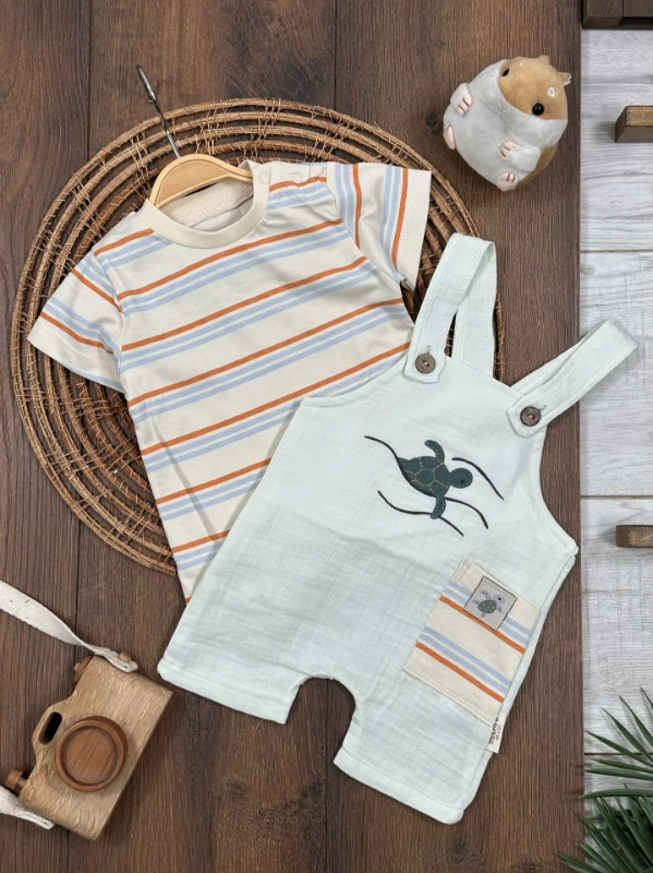 Müslin Salopet Kaplumbağa Nakışlı Omuzdan Çıtçıtlı Badi Yazlık Erkek Bebek Takım - MAVİ