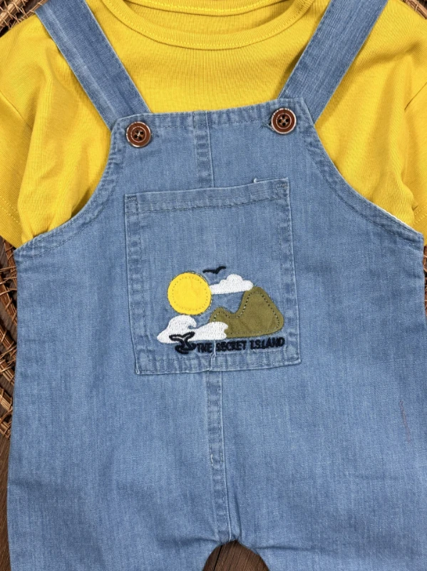 Island Nakışlı Yazlık Kot Salopet Erkek Bebek Takım - HARDAL