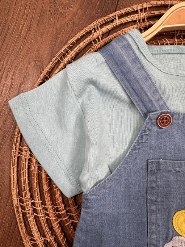 Island Nakışlı Yazlık Kot Salopet Erkek Bebek Takım - HARDAL