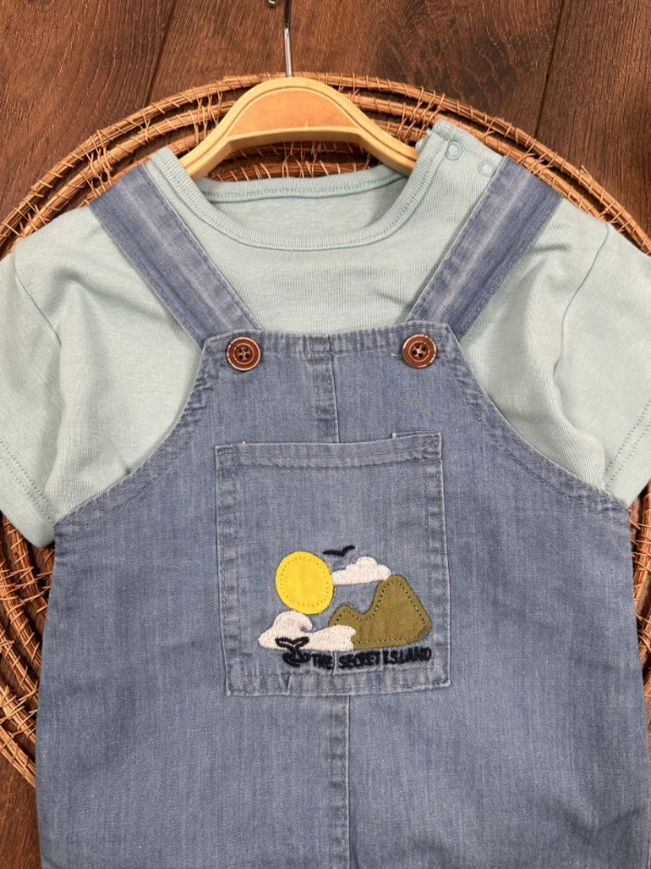 Island Nakışlı Yazlık Kot Salopet Erkek Bebek Takım - HARDAL