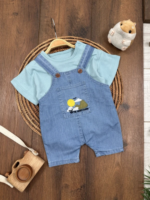 Island Nakışlı Yazlık Kot Salopet Erkek Bebek Takım - HARDAL