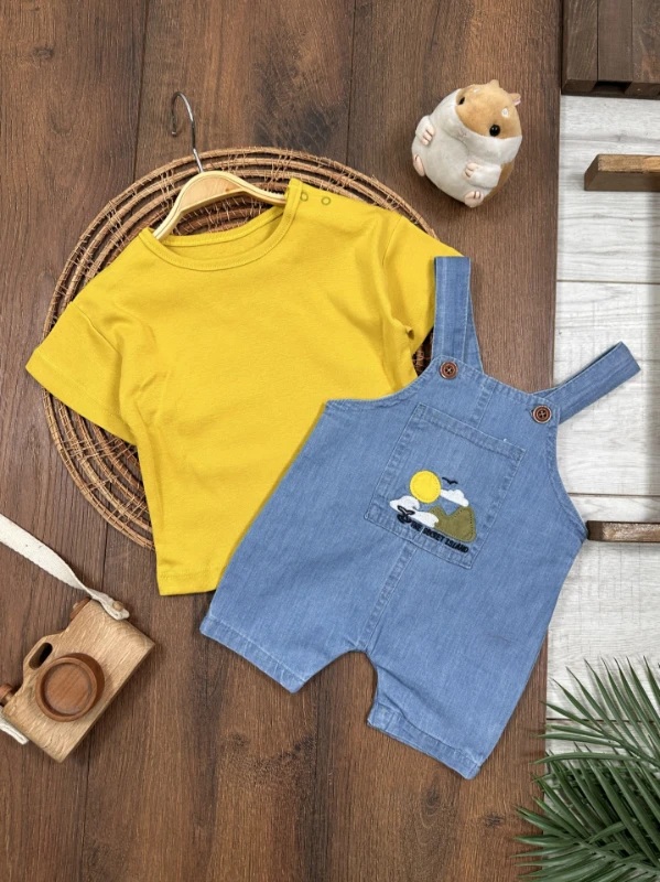 Island Nakışlı Yazlık Kot Salopet Erkek Bebek Takım - HARDAL