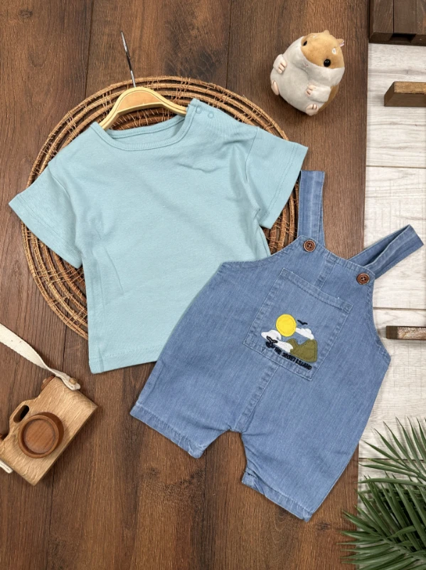 Island Nakışlı Yazlık Kot Salopet Erkek Bebek Takım - HARDAL