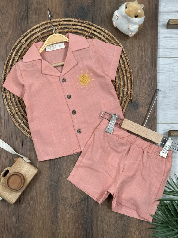 Keten Güneş Nakışlı Önden Düğmeli Yazlık Erkek Bebek Takım - KİREMİT