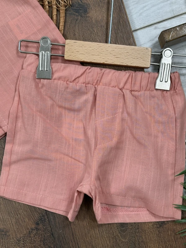 Keten Güneş Nakışlı Önden Düğmeli Yazlık Erkek Bebek Takım - KİREMİT