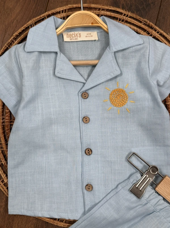 Keten Güneş Nakışlı Önden Düğmeli Yazlık Erkek Bebek Takım - KİREMİT