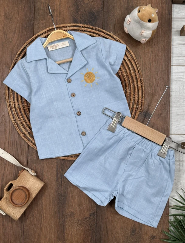 Keten Güneş Nakışlı Önden Düğmeli Yazlık Erkek Bebek Takım - KİREMİT