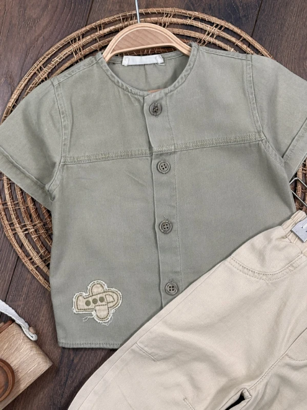 Tayyare Nakışlı Keten Önden Düğmeli Yazlık Erkek Bebek Takım - YEŞİL