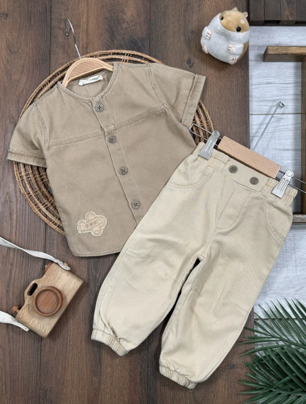 Tayyare Nakışlı Keten Önden Düğmeli Yazlık Erkek Bebek Takım - YEŞİL