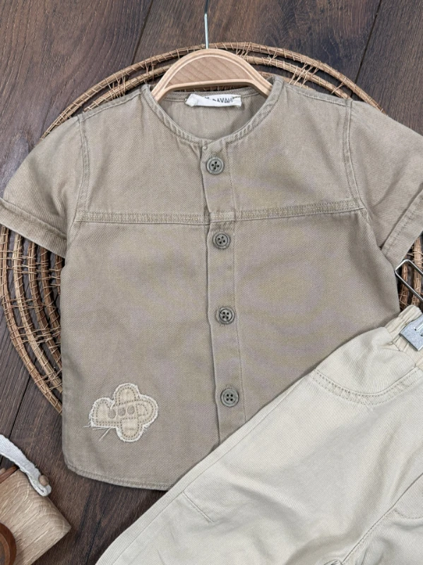 Tayyare Nakışlı Keten Önden Düğmeli Yazlık Erkek Bebek Takım - YEŞİL