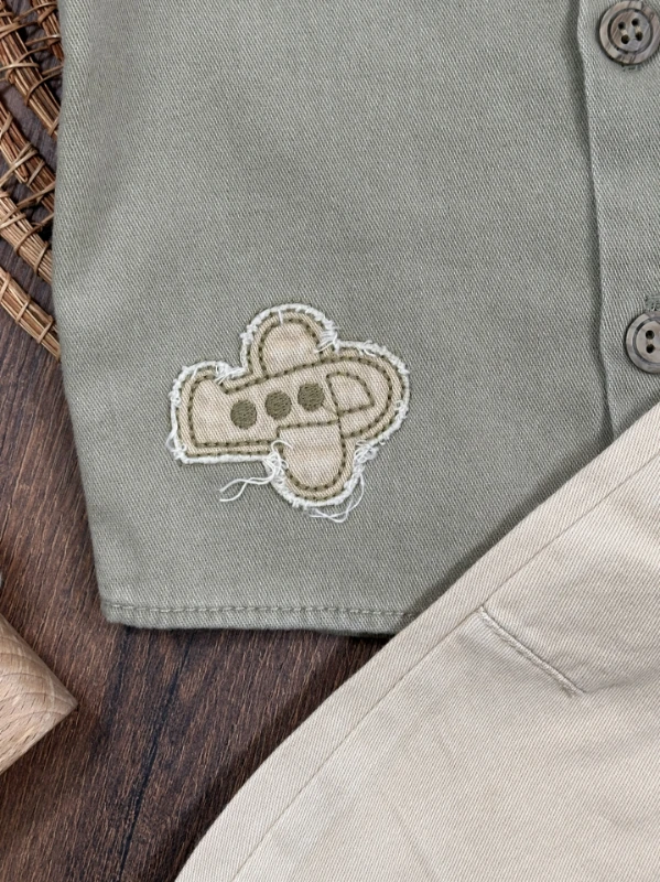 Tayyare Nakışlı Keten Önden Düğmeli Yazlık Erkek Bebek Takım - YEŞİL