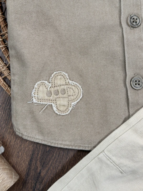 Tayyare Nakışlı Keten Önden Düğmeli Yazlık Erkek Bebek Takım - YEŞİL