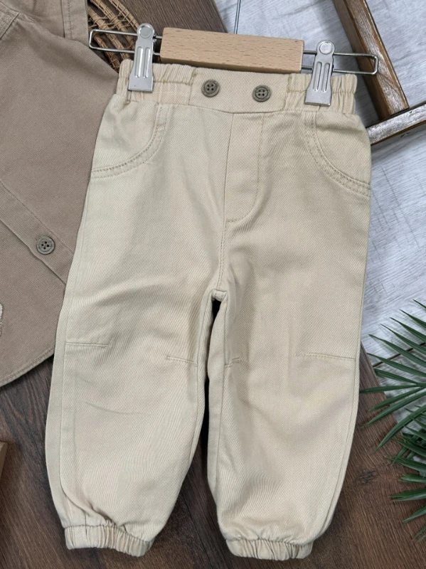 Tayyare Nakışlı Keten Önden Düğmeli Yazlık Erkek Bebek Takım - YEŞİL