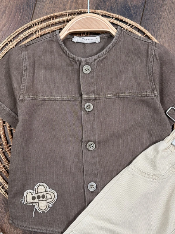 Tayyare Nakışlı Keten Önden Düğmeli Yazlık Erkek Bebek Takım - YEŞİL