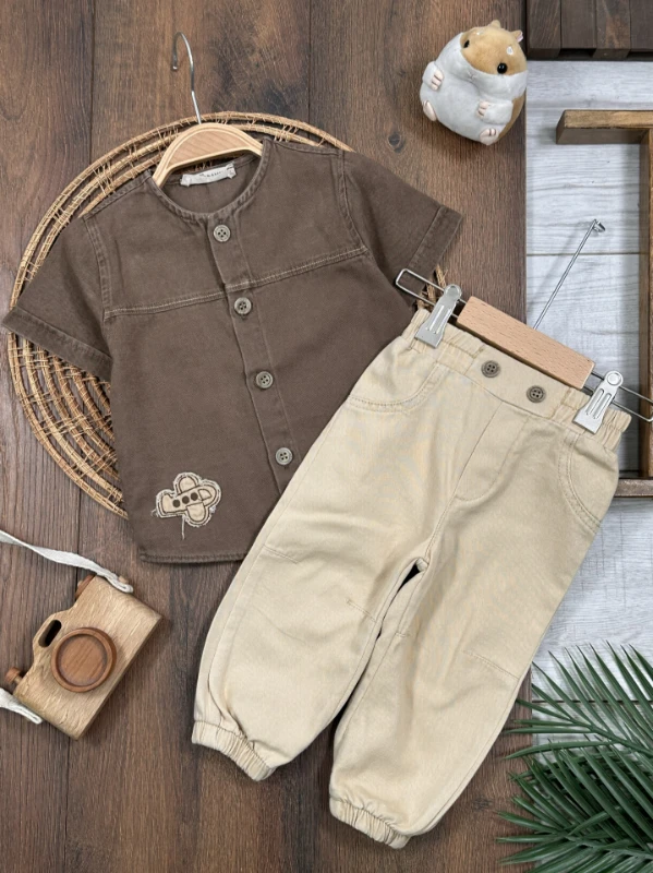 Tayyare Nakışlı Keten Önden Düğmeli Yazlık Erkek Bebek Takım - YEŞİL