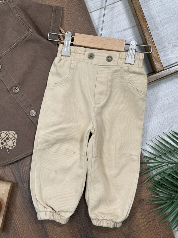 Tayyare Nakışlı Keten Önden Düğmeli Yazlık Erkek Bebek Takım - YEŞİL