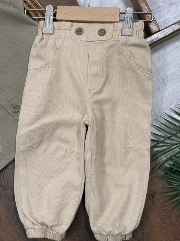 Tayyare Nakışlı Keten Önden Düğmeli Yazlık Erkek Bebek Takım - YEŞİL