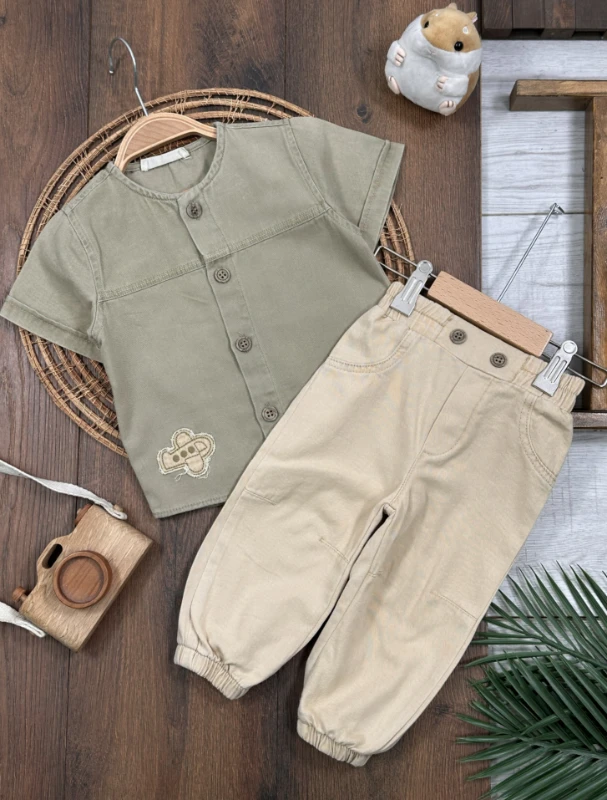 Tayyare Nakışlı Keten Önden Düğmeli Yazlık Erkek Bebek Takım - YEŞİL
