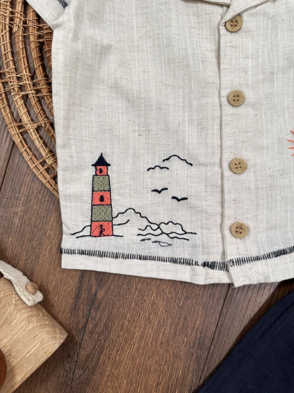 Keten Nakışlı Önden Düğmeli Yazlık Erkek Bebek Takım - LACİVERT