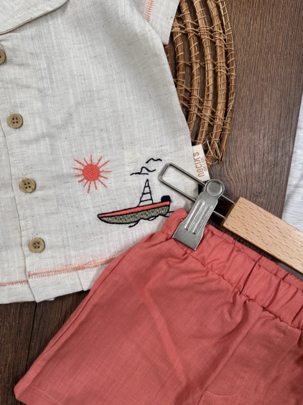 Keten Nakışlı Önden Düğmeli Yazlık Erkek Bebek Takım - LACİVERT