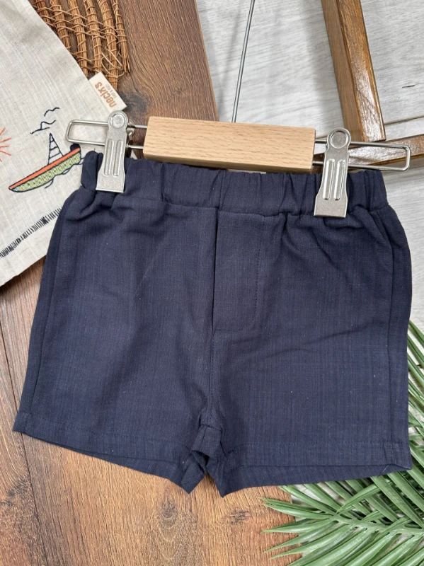 Keten Nakışlı Önden Düğmeli Yazlık Erkek Bebek Takım - LACİVERT