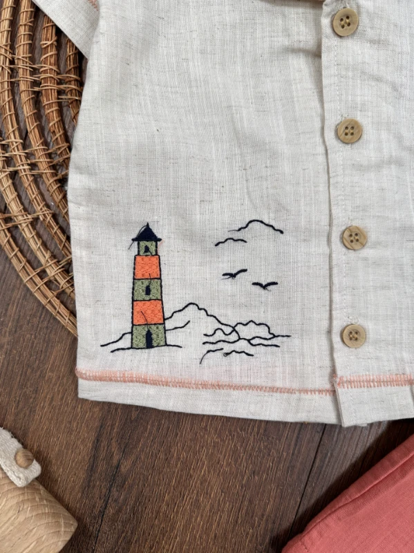 Keten Nakışlı Önden Düğmeli Yazlık Erkek Bebek Takım - LACİVERT