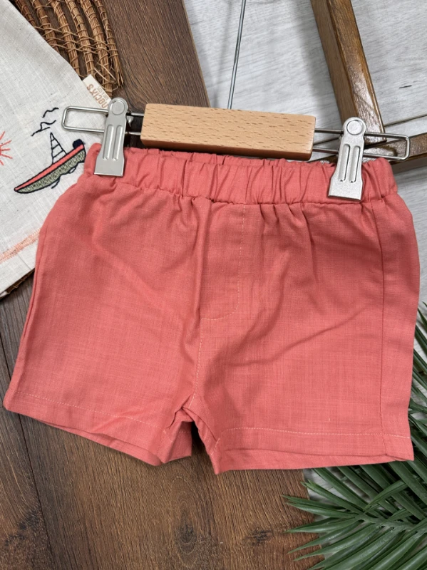 Keten Nakışlı Önden Düğmeli Yazlık Erkek Bebek Takım - LACİVERT