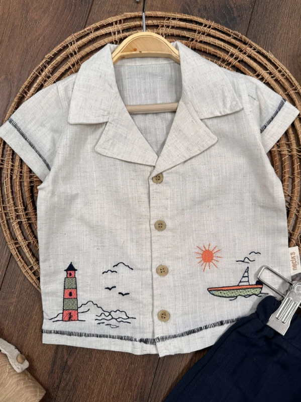 Keten Nakışlı Önden Düğmeli Yazlık Erkek Bebek Takım - LACİVERT