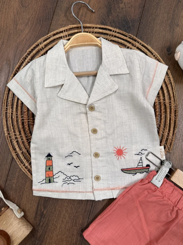 Keten Nakışlı Önden Düğmeli Yazlık Erkek Bebek Takım - LACİVERT