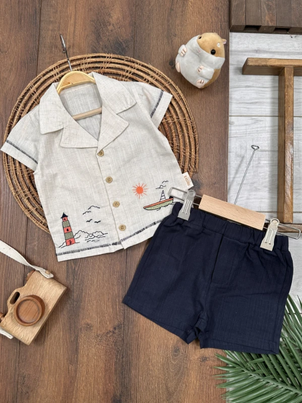 Keten Nakışlı Önden Düğmeli Yazlık Erkek Bebek Takım - LACİVERT
