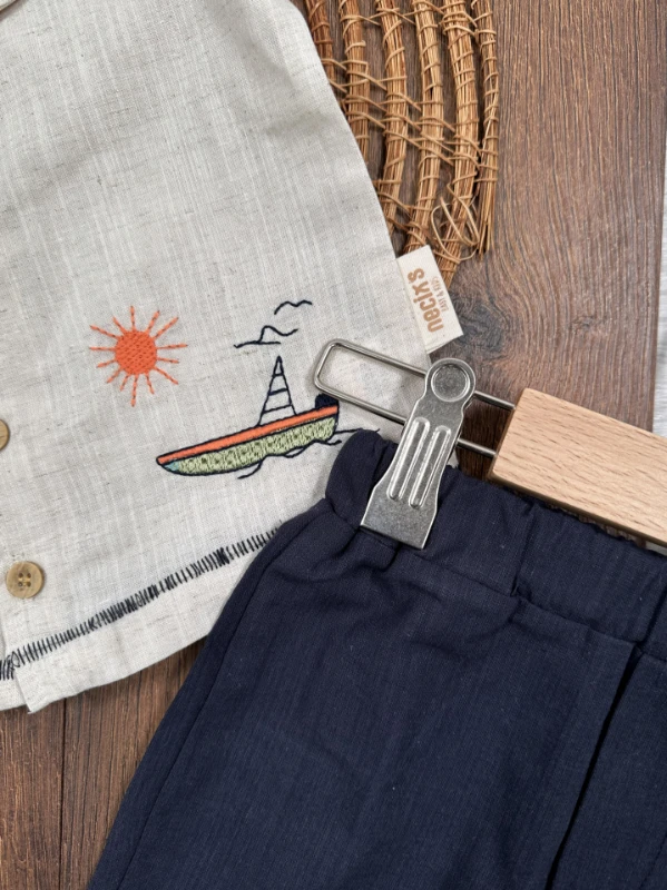 Keten Nakışlı Önden Düğmeli Yazlık Erkek Bebek Takım - LACİVERT