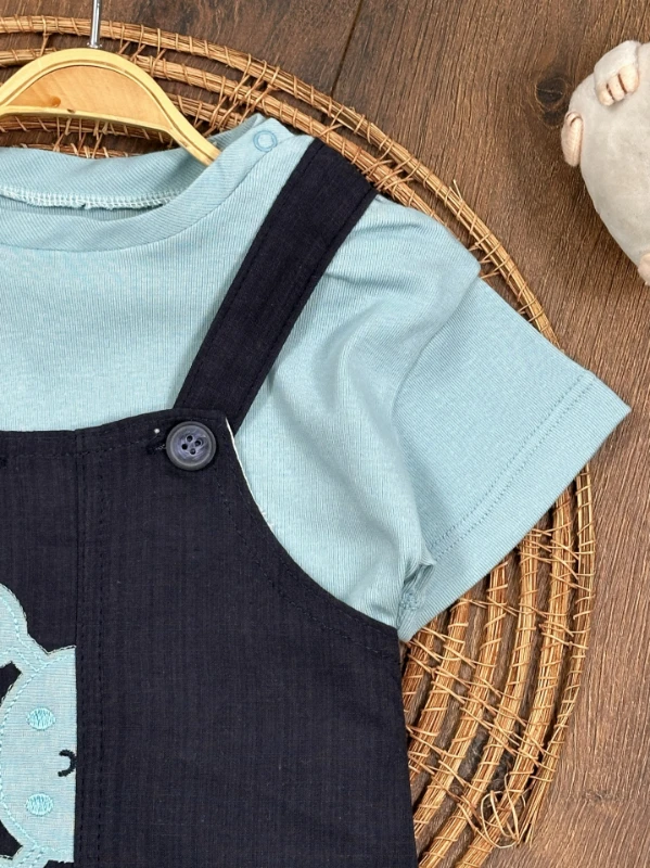 Yengeç Nakışlı Omuzdan Çıtçıtlı Badi Yazlık Salopet Erkek Bebek Takım - YEŞİL